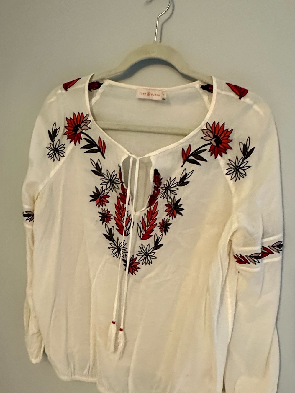 Tory Burch White Peasant Blouse with Red & Black Floral Embroidery